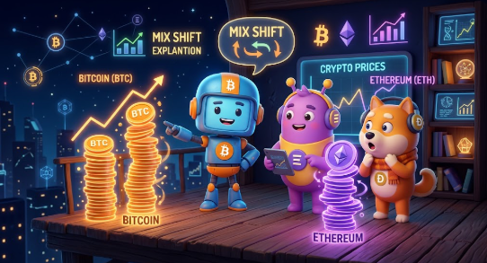 A cartoon illustration titled 'MIX SHIFT' featuring a robot, a purple character, and a dog interacting with stacked coins labeled 'BITCOIN' and 'ETHEREUM'.