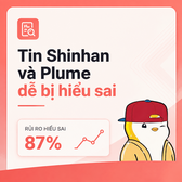 A notification card in Vietnamese reads 'Tin Shinhan và Plume đều bị hiểu sai' (Shinhan and Plume news are both misunderstood) with an '87%' figure and an illustration of a character in a yellow jacket and red cap.