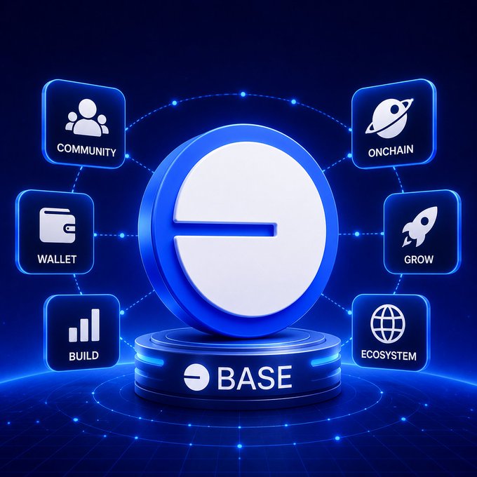 A promotional graphic for BASE featuring a large blue and white 'e' logo on a pedestal, surrounded by six feature icons labeled Community, Onchain, Wallet, Grow, Build, and Ecosystem on a dark blue tech-themed background.