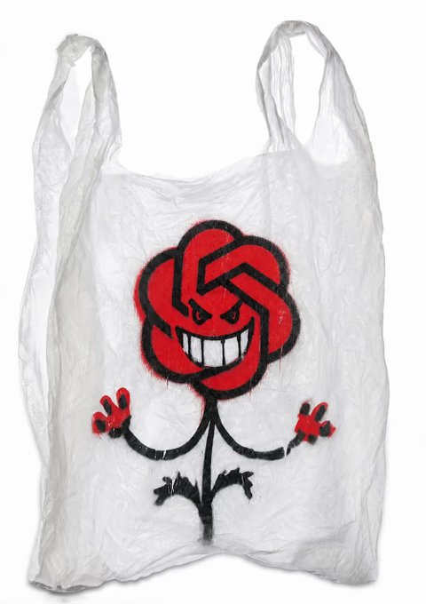 A white plastic shopping bag with a graffiti-style illustration of a red rose with an angry/grinning face, thin stick-figure arms, and legs.