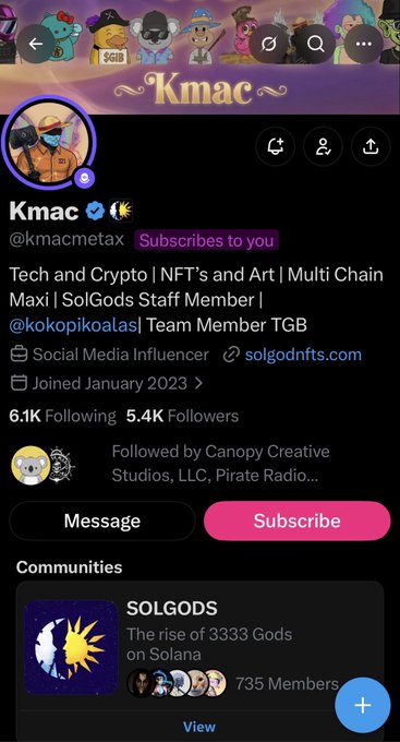A Twitter profile page for Kmac (@kmacmetax), a tech, crypto, and NFT influencer with 5.4K followers and member of SOLGODS, a community of 735 members.