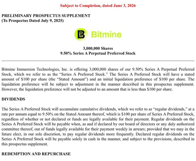 The image shows a screenshot of a document titled "Subjet to Completion, dated June 3, 2020". The text in this document is about Bitcoin Prospectus A Preference Share Redemption Trust (PBS) fund called "Bismine". This fund has been selling shares of its preferred cryptocurrency, Bitcoin. It mentions that the proceeds from these sales have been used for a Saylor Reserve Treasury with a yield rate of 9%. The main purpose of this Treasury is to pay a dividend to the investors while they own the Bitcoin shares.