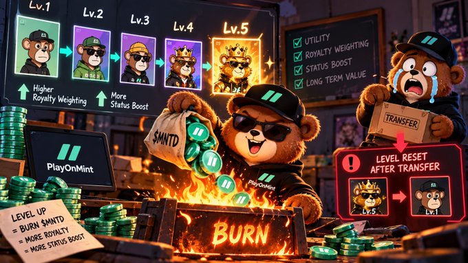 A promotional graphic for 'PlayOnMint' featuring cartoon monkey characters and showing various loyalty levels (Lv.1 to Lv.5) with features like 'ROYALTY WEIGHTING' and 'STATUS BOOST'.