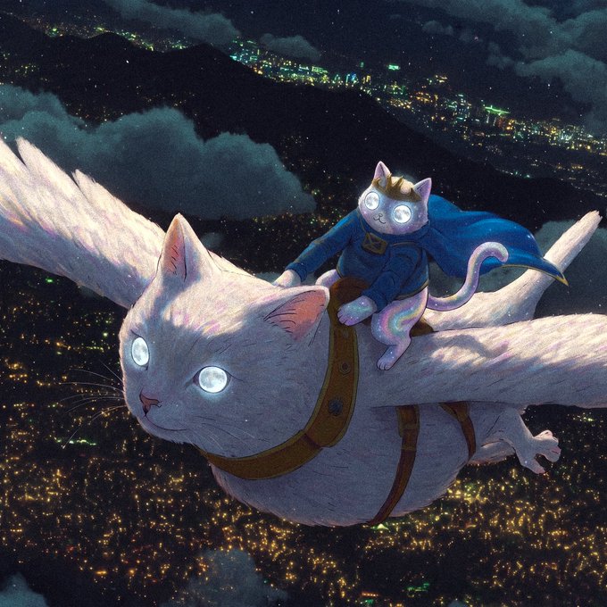An illustration of a cat-like astronaut riding a large, glowing-eyed flying cat over a nighttime cityscape.