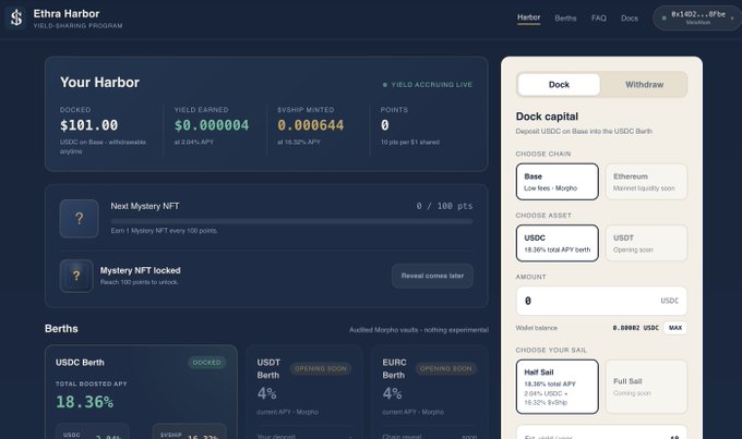 A dashboard for Ethra Harbor yield-earning program showing $101.00 docked, $0.000004 yield earned, and options to deposit USDC on Base or Ethereum.