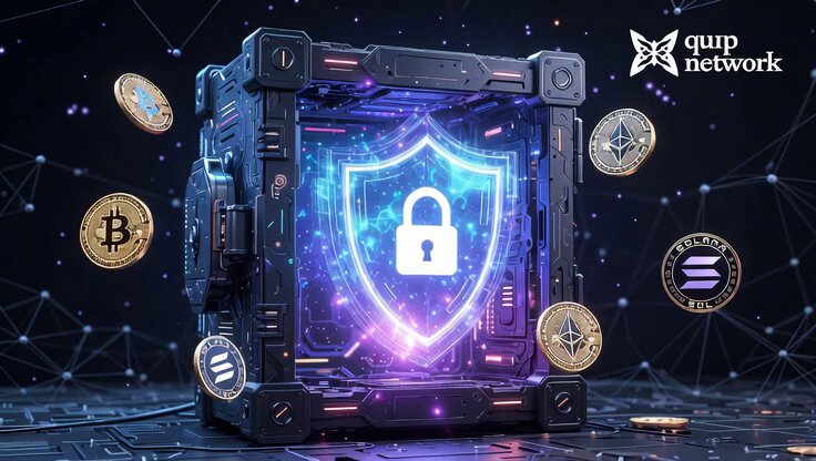 The image features a 3D rendering of a digital lockbox filled with various coins such as Bitcoin and Ethereum. The lockbox has a shield design, which is a symbol for QUIP (Quantum Unit Interlock Pathway). The lockbox also contains a keypad that can be used to enter the code or access the contents inside. The image includes text that reads "QUIP @quipnetwork has a core feature called QUIP (Quantum Unit Interlock Pathway), it's essentially a super secure digital lockbox for your crypto assets. You deposit your existing coins (ETH, SOL) into a QUIP Vault." This suggests that the lockbox is designed to securely store and protect digital assets like cryptocurrencies, offering an additional layer of security compared to traditional wallets or exchanges.