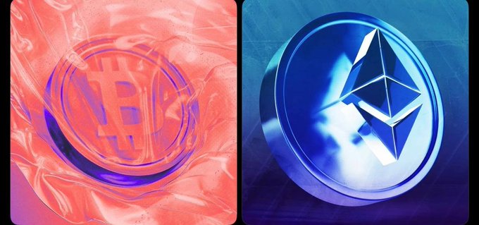A split image showing Bitcoin (BTC) on the left in red/orange tones and Ethereum (ETH) on the right in blue tones, displayed as 3D cryptocurrency coins.