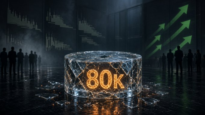 The image shows a shattered, cracked circular platform displaying "80K" in glowing orange text, symbolizing Bitcoin's struggle to hold the $80,000 price level—mirroring the post's caution that despite leveraged shorts being cut and a short squeeze lifting prices, weakening asset-manager longs and tepid ETF demand mean spot demand must step in to sustain the level. Green upward arrows and silhouettes of traders surround the fragile milestone, emphasizing the precarious reclaim that still lacks solid proof.