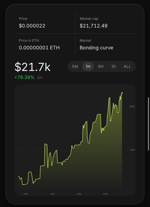 A cryptocurrency chart shows the $PINK token's market cap reaching $21,712.49 (+79.39% in 1H) on a bonding curve market, with the price displayed at $0.000022, visually confirming the "$21K MCAP" milestone referenced in the celebratory post.