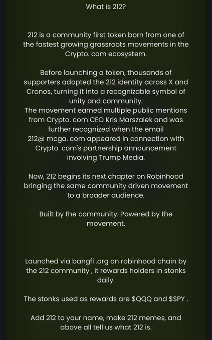 Text on a dark background explains 'What is 212?', describing it as a community token launched via bangfi.org on the Robinhood chain that rewards holders in $QQQ and $SPY stonks.