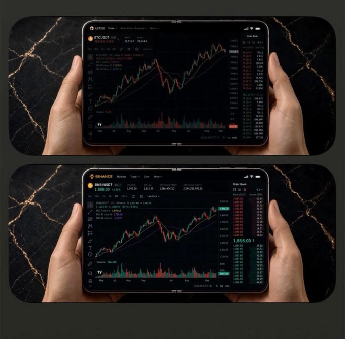 The image shows two identical hands holding smartphones on a black marble background, each displaying cryptocurrency trading charts—the top phone showing the "ASTER" platform with "BTC/USDT" at 118,239.5, and the bottom phone showing the "BINANCE" platform with "BNB/USDT" at 1,860.00. This visual cleverly reinforces the post's joke by contrasting an outdated phone with the sleek, modern devices capable of running professional crypto trading apps, tying directly into the author's playful premise of upgrading to an "iPhone Duo" if BNB reaches $1,888.
