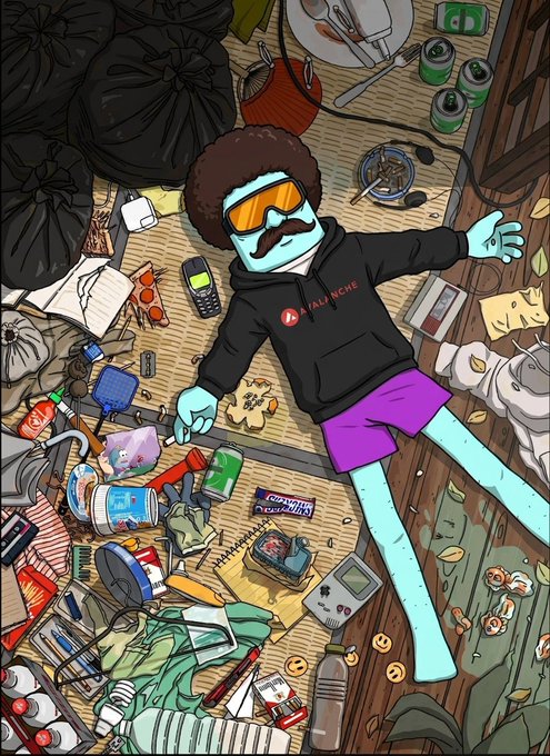 An overhead illustration of a blue-skinned character with a brown afro, orange goggles, and a black 'Rialo NCH' hoodie lying amid a cluttered room scattered with trash bags, soda cans, and a Game Boy.