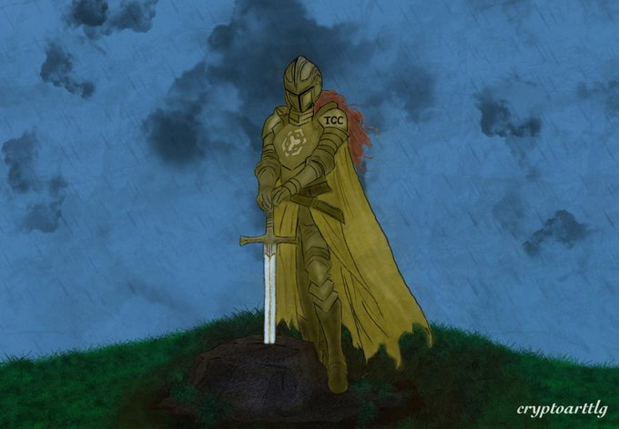 A digital illustration depicts a golden knight in armor with a yellow cape standing on a grassy hill, sword planted in the ground, under a rainy sky; watermarked 'cryptoarttlg'.
