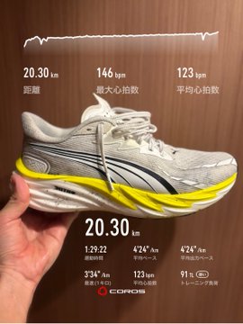 The image features a person holding up their shoe, which has yellow and white stripes. The shoe appears to be worn out or old, as indicated by its condition. The photo also includes text that reads "平坦 低強度 20 km/h 4'26"/km ポイント明け平坦", which seems to be a description of the shoe's size and features.

The post is related to sports, as it discusses the shoe's performance in terms of speed and distance covered per hour. The image also contains Japanese text that reads "スタートさえしてしまうとなるので、うまく強度のバランスを取りたいですね #まるお製作所RC #ランニング #STEPN". This text might be a reference to the shoe's brand or a description of its features.