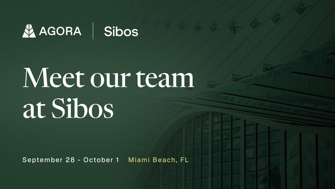 A green promotional graphic for AGORA at Sibos, with the text 'Meet our team at Sibos', 'September 28 - October 1', and 'Miami Beach, FL' overlaid on a building image.