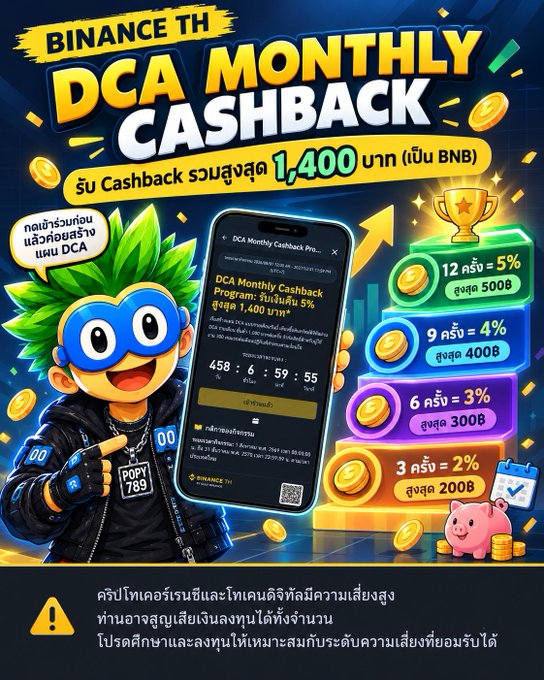 An advertisement for Binance Thailand features a cartoon superhero and displays details for a 'BINANCE TH DCA MONTHLY CASHBACK' promotion offering up to 1,400 baht (in BNB) cashback.