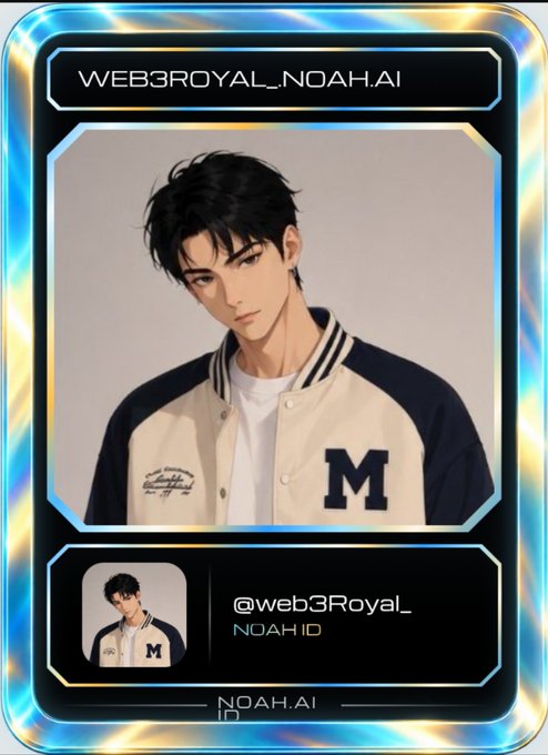 A digital trading card or profile card from NOAH.AI labeled 'WEB3ROYAL_NOAH.AI', displaying an anime-style illustration of a young man in a varsity jacket with the handle @web3Royal_.