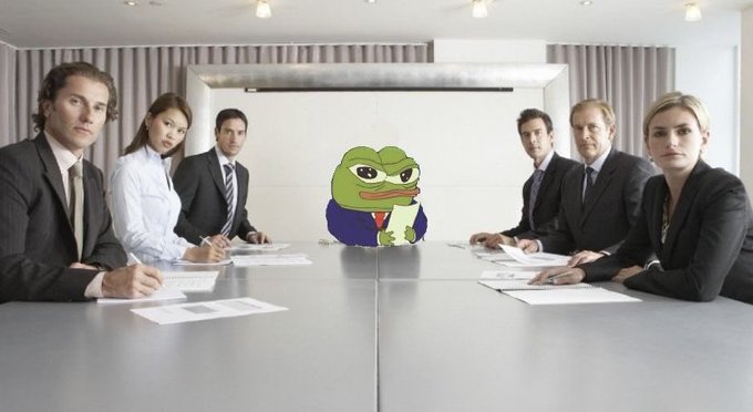 A humorous edited image showing a Pepe the Frog meme character in a business suit sitting at the head of a conference table with six serious-looking business professionals.