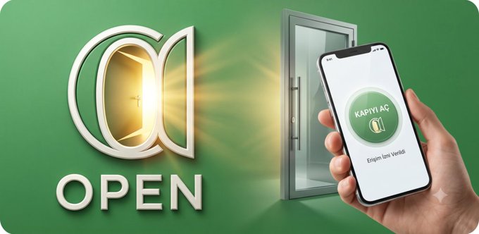 A digital advertisement showing an open door/window with sunlight streaming through, alongside a hand holding a smartphone displaying 'KAPIYI AÇ' (Open the Door) with the subtitle 'Enişim İzni Verildi' (Landing Permission Granted).