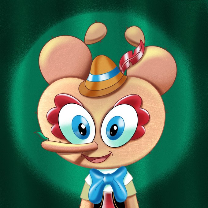 A digital illustration of a cartoon Pinocchio character with a wooden-textured face, large blue eyes, a small hat with a red feather, and a blue bowtie, set against a green background—matching the post's reference to "White Lie Bep," a Pinocchio-themed 1/1 hand-drawn NFT from his brother's collection.