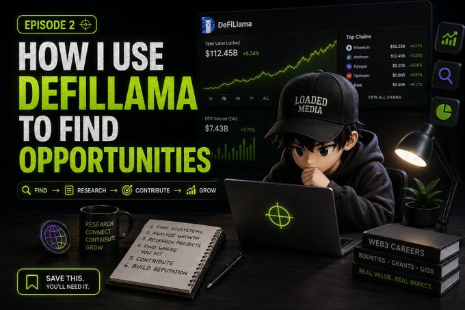 A thumbnail-style graphic titled 'HOW I USE DEFILLAMA TO FIND OPPORTUNITIES' for Episode 2 shows an animated character wearing a 'LOADED MEDIA' cap working on a laptop, with the DeFiLlama dashboard displaying Total Value Locked at $112.45B, DEX Volume at $7.43B, and a notebook listing steps like 'FIND ECOSYSTEMS' and 'CONTRIBUTE'.