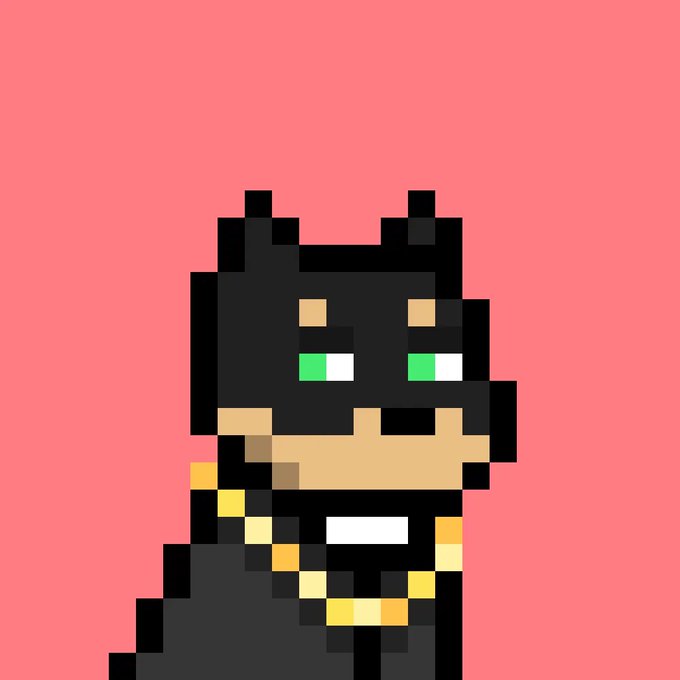 A pixel art illustration of Batman with green eyes and a gold-accented suit on a pink background.