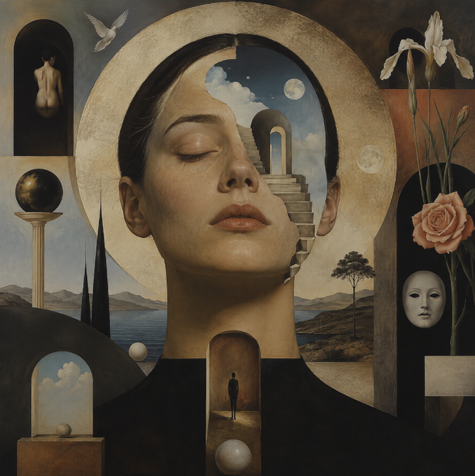 A surrealist portrait of a woman with closed eyes, her head split open to reveal a moonlit staircase ascending into the sky, surrounded by symbolic imagery including a white dove, a faceless figure, a small distant person, and a rose—visually echoing the post's theme of internal conflict and the struggle to discern which inner voice to follow.