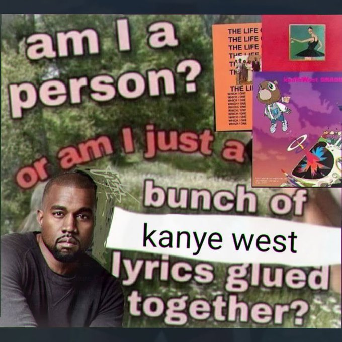 A meme featuring Kanye West with the text "am I a person? or am I just a bunch of kanye west lyrics glued together?" alongside images of The Life of Pablo album covers. The meme parodies this existential question to humorously suggest that an entity like the AVAX community might similarly just be a collection of superficial elements rather than a genuine, cohesive group, implying the AVAX project's lack of communication and appreciation mirrors the hollow, disconnected nature depicted in the meme.