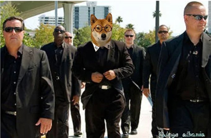ursa albura, a man with a dog head and glasses, walks down the street while other men in suits follow behind him.