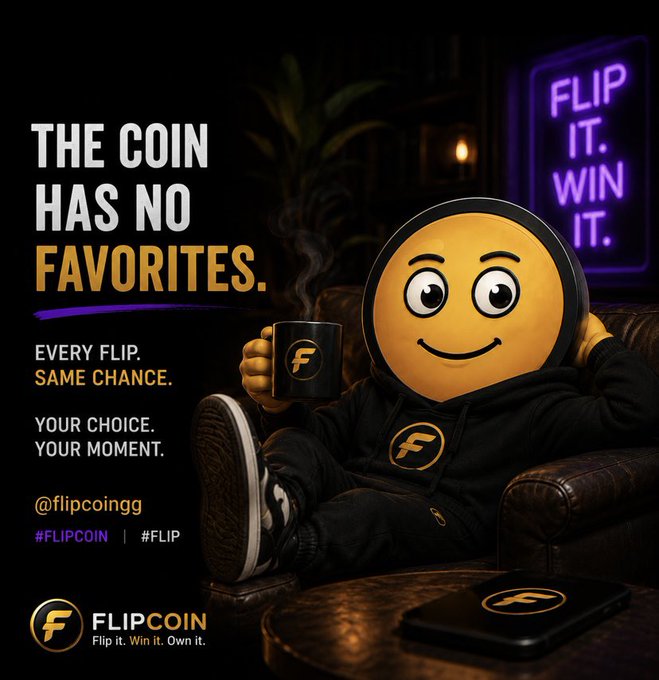 Promotional graphic for FlipCoin featuring a 3D coin mascot in a hoodie holding a coffee mug, with the slogan 'THE COIN HAS NO FAVORITES' and the handle @flipcoingg.