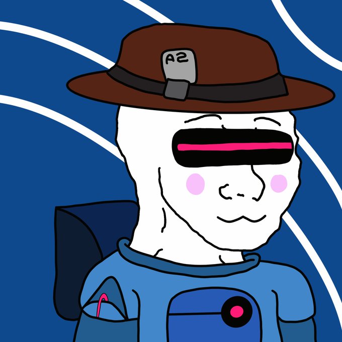 The image features a Wojak-style character wearing a brown hat with "A2" visible on it, a visor, and a blue jacket, set against a blue background with white swirling lines—appearing as a thank-you acknowledgment to @RojakNFT.