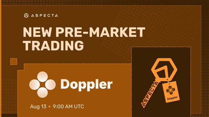 Aspecta announces its new Pre-Market Trading launch with Doppler, scheduled for August 13 at 9:00 AM UTC, featuring a branded hexagonal token logo and the Aspecta tag graphic.