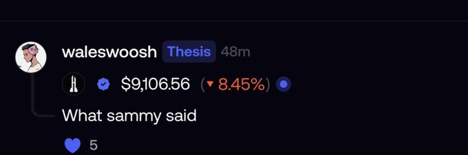 The image shows a Discord message from user "waleswoosh" labeled as a "Thesis" posted 48 minutes ago, displaying a trade of $9,106.56 with a 8.45% loss, accompanied by the caption "What sammy said" and 5 reactions. This appears to document waleswoosh entering the $STANDARD trade that the original post references, showing the position is already down significantly.