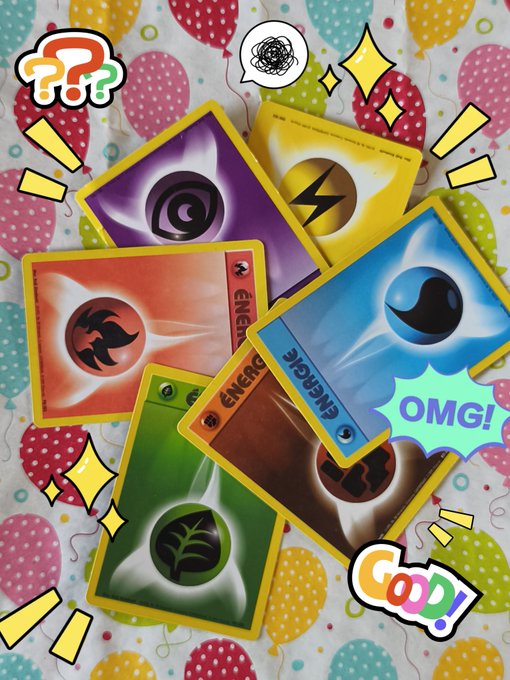A collection of Pokémon trading cards scattered on a colorful polka-dot background, overlaid with playful stickers including '???' and 'OMG!' and 'Cool!' graphics.