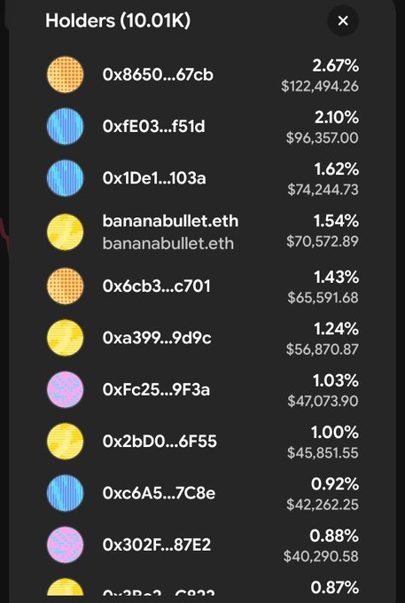 A list of top 10 cryptocurrency/token holders showing wallet addresses, percentages, and dollar values, led by 0x8650...67cb at 2.67% ($122,494.26).