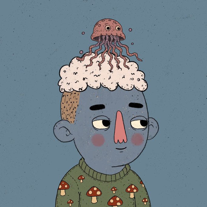 A quirky illustration of a blue-skinned character with rosy cheeks, wearing a green sweater covered in red mushrooms, with exposed brain matter on their head that is topped with a pink jellyfish.