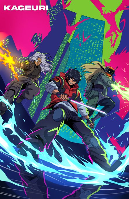 A vibrant anime-style illustration titled 'KAGEURI' depicting three ninja characters—one wielding fire, one with a sword, and one with green energy—standing on a rooftop.