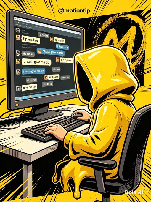 A digital illustration by 'Dola AI' for '@motiontip' shows a yellow-hooded figure sitting at a computer, bombarded by chat messages asking 'tip me', 'tip me bro', and 'please give me tip'.