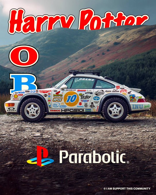 A video game cover parody featuring a rally car with various sponsor decals, titled 'Harry Potter' with large red text, and 'Parabolic' at the bottom with the note 'I AM SUPPORT THIS COMMUNITY'.