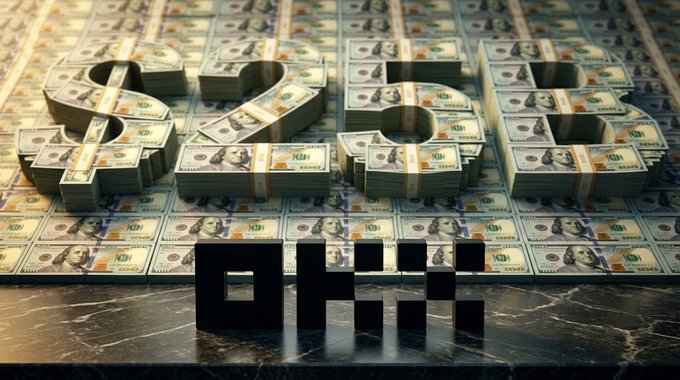 A visual of stacks of $100 US bills arranged to form dollar sign shapes, with the word 'OKX' displayed in black 3D letters on a dark marble surface in front.
