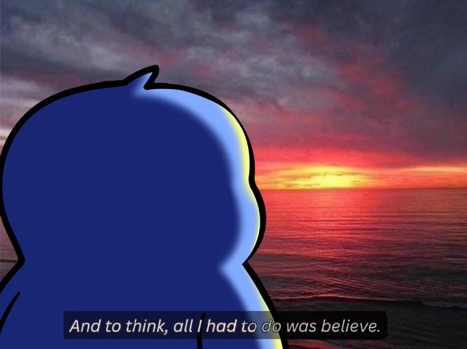 A blue penguin silhouette gazes out at a vibrant sunset over the ocean, with the caption "And to think, all I had to do was believe." The image ties into the post's affectionate "Pengu Morning" greeting, perfectly illustrating the heartfelt, optimistic sentiment of believing in a special someone — in this case, playfully saying "I love you" back — as beautiful as a sunrise by the sea.