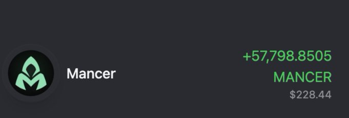 A cryptocurrency dashboard displaying the Mancer token with a price of +57,798.8505 MANCER and $228.44.