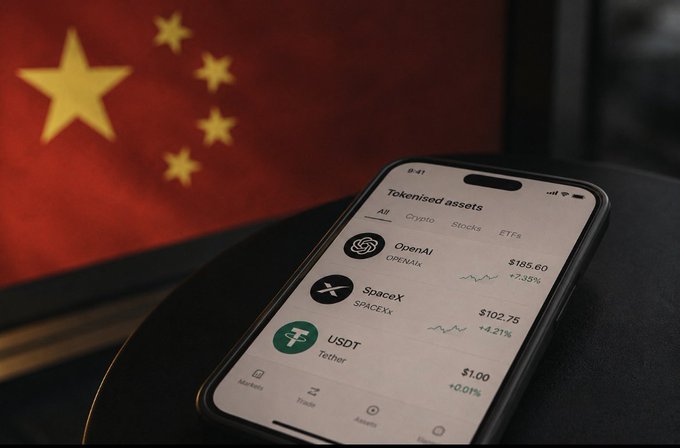 A smartphone displays a tokenized assets trading app showing OpenAI at $185.60 (+7.55%), SpaceX at $102.75 (+4.21%), and Tether (USDT) at $1.00 (+0.01%), with a Chinese flag blurred in the background.