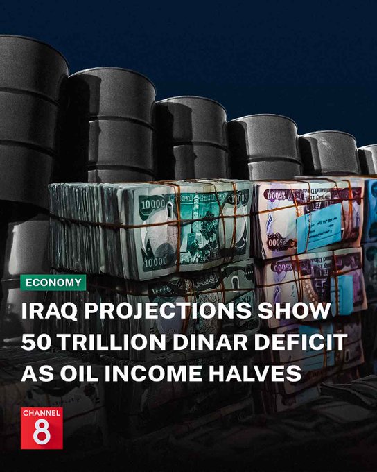 A news graphic showing stacks of oil barrels and bundled currency notes with the headline 'IRAQ PROJECTIONS SHOW 50 TRILLION DINAR DEFICIT AS OIL INCOME HALVES,' tagged as Economy on Channel 8.
