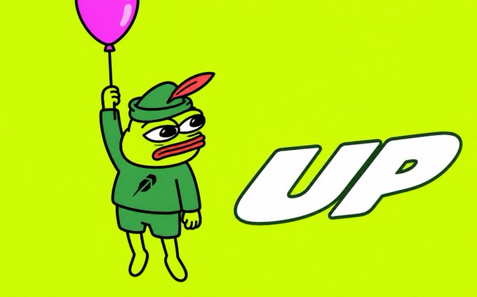 A cartoon character in a green outfit holding a pink balloon on a bright green background, next to the word 'UP'.