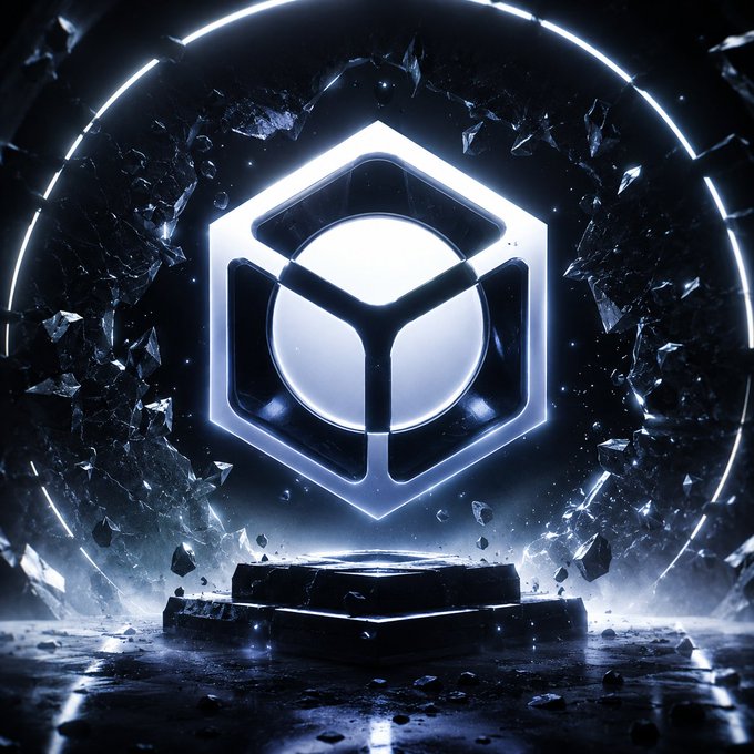 A stylized digital artwork of a glowing white hexagonal logo resembling the MetaMask or similar crypto symbol, set against a dark background with floating debris.