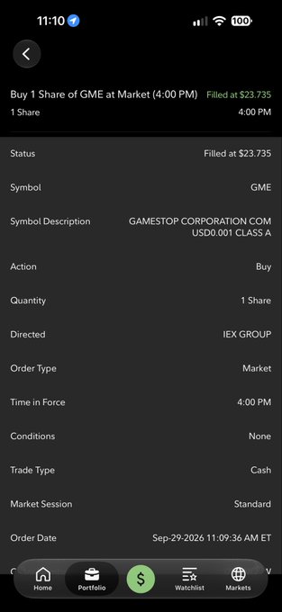 A mobile screenshot of a brokerage order confirmation showing "Buy 1 Share of GME at Market (4:00 PM)" for GAMESTOP CORPORATION COM USD0.001 CLASS A, filled at $23.735 on Sep-29-2026 at 11:09:36 AM ET.