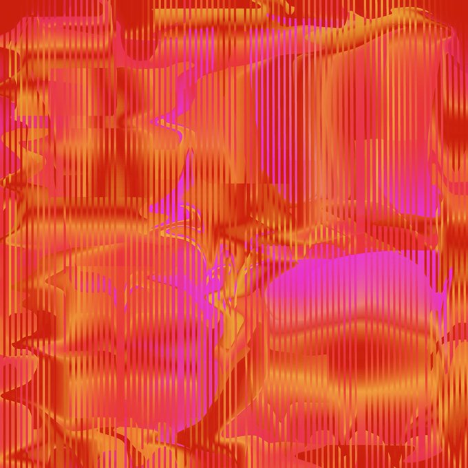 An abstract digital artwork with vertical stripes and wavy distortions in shades of red, orange, and pink, with a grungy, glitch-like texture.