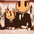 Two figures in suits with glowing jack-o'-lantern heads sit at a desk signing documents, set against a backdrop of futuristic cityscapes with rocket ships and towering structures, visually framing "$CULT" as the signing authority shaping a new digital civilization.
