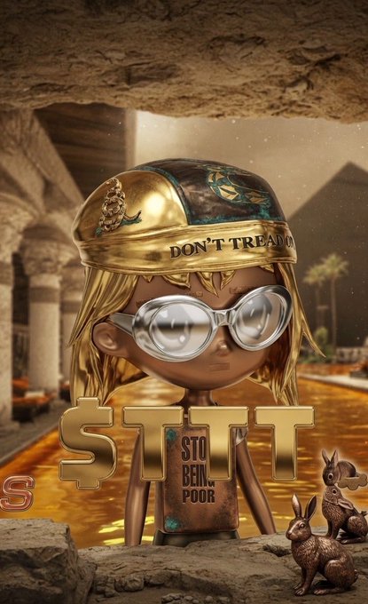 The image features a cartoon girl with blonde hair wearing glasses, standing next to two bronze statues of animals - a rabbit and a deer. The girl has a gold helmet on her head that says "STOP! BEHIND POOR". In front of the girl is a sign that reads "Sttt", which translates to "stop being poor" in English. The background of the image shows an illustration of a river, with buildings and mountains visible behind it.